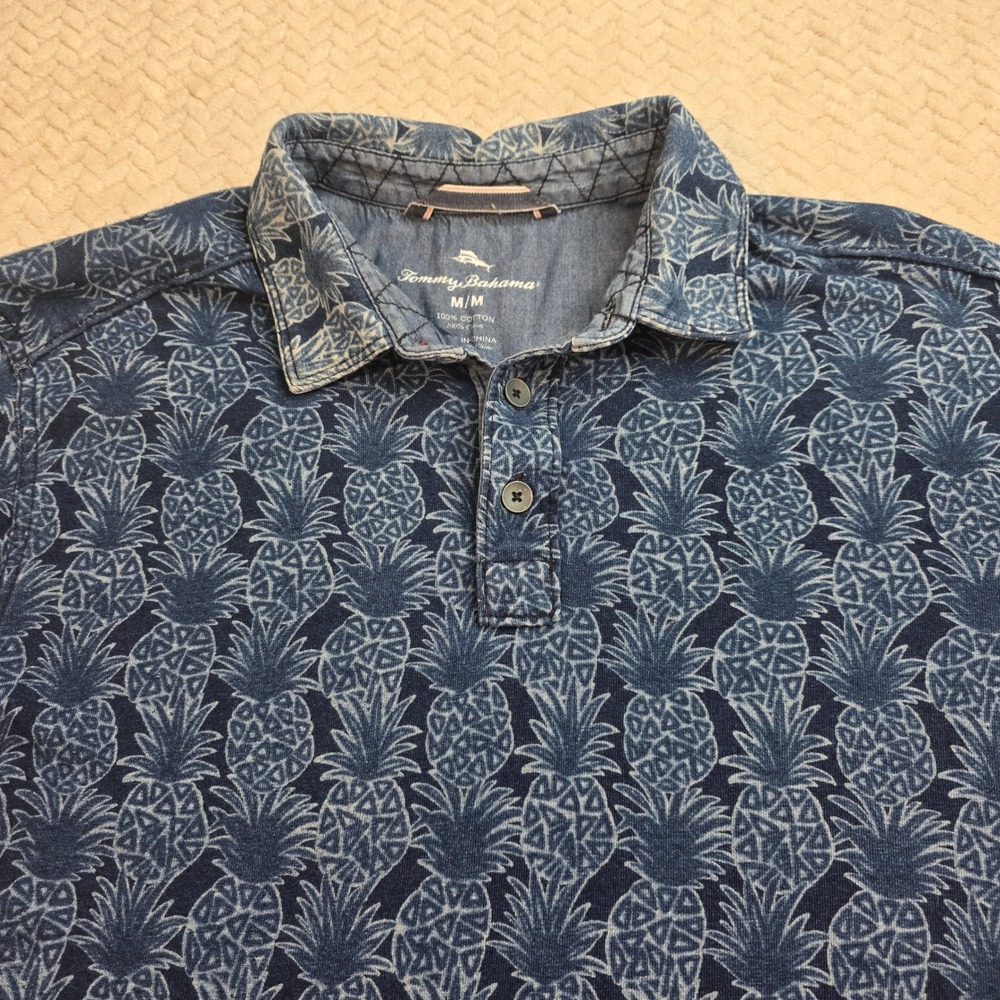 Tommy Bahama Mens Blue Pineapple Print Cotton Polo Shirt M Short Sleeve Indigo